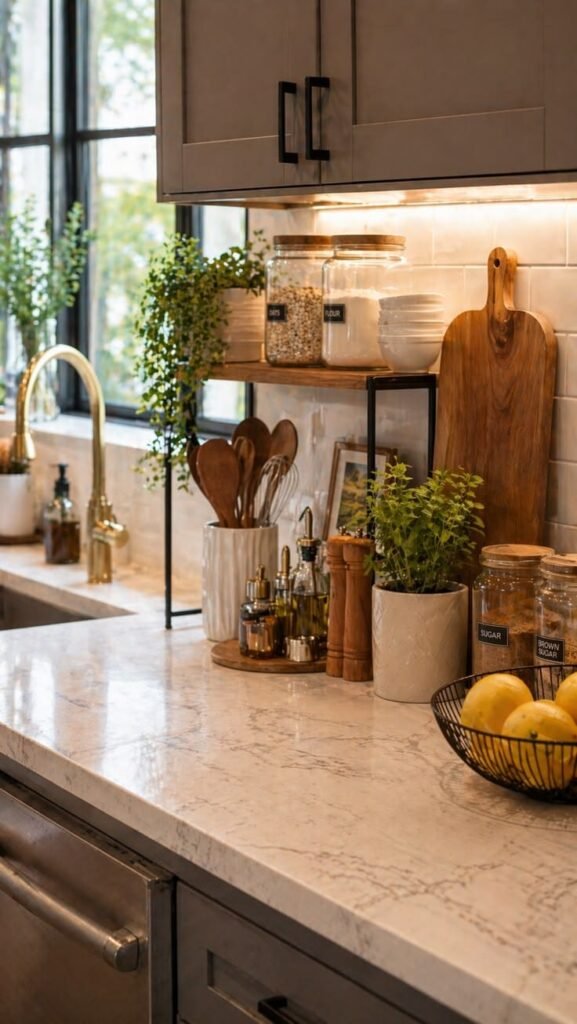Weekly rotation philosophy in action, swapping one object keeps kitchen counter decor fresh
