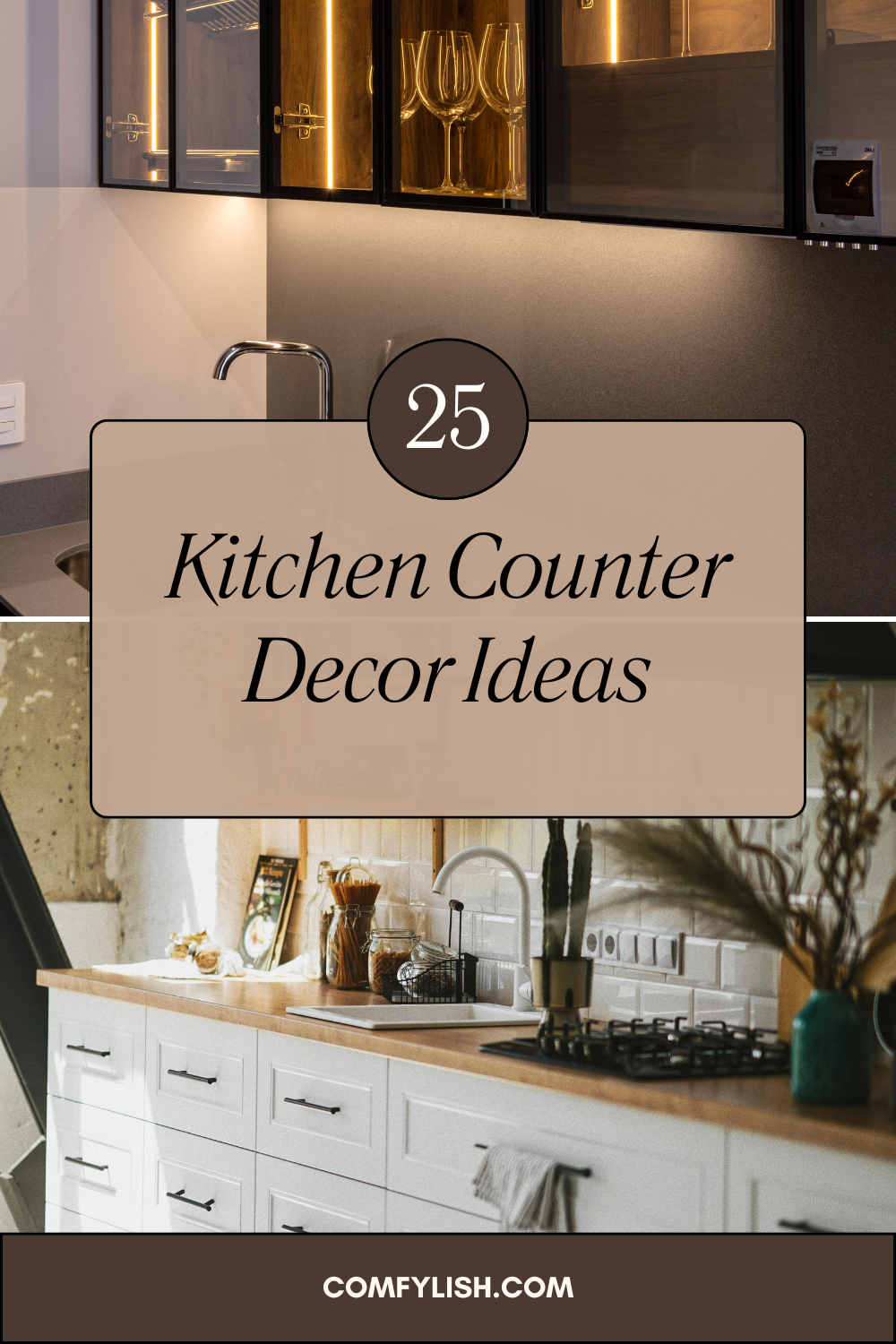 Stylish kitchen counter decor featuring a tray tactic for oils, a statement cutting board, and a sculptural utensil crock on a marble countertop.