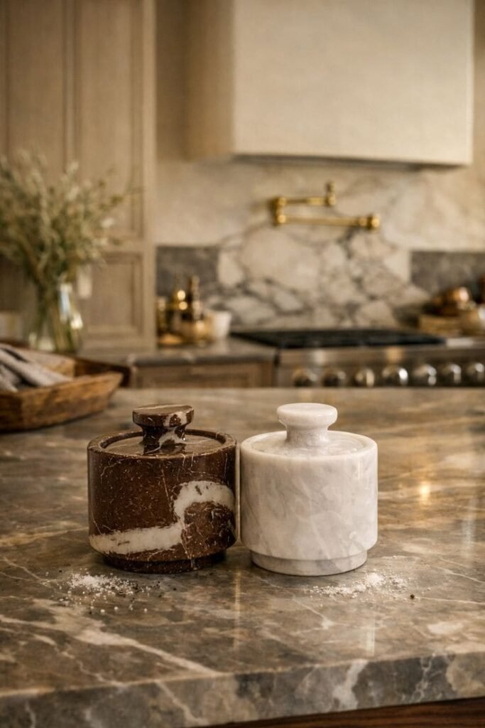 Open wooden salt cellar with a tiny spoon, functional and beautiful kitchen counter decor