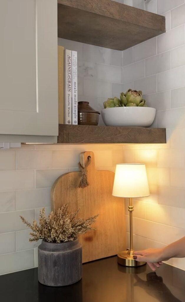 Mini lamp creating evening glow and cozy kitchen counter decor
