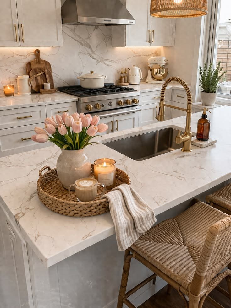 Kitchen island following the two-item restraint rule, just a fruit bowl and candle for minimalist kitchen counter decor