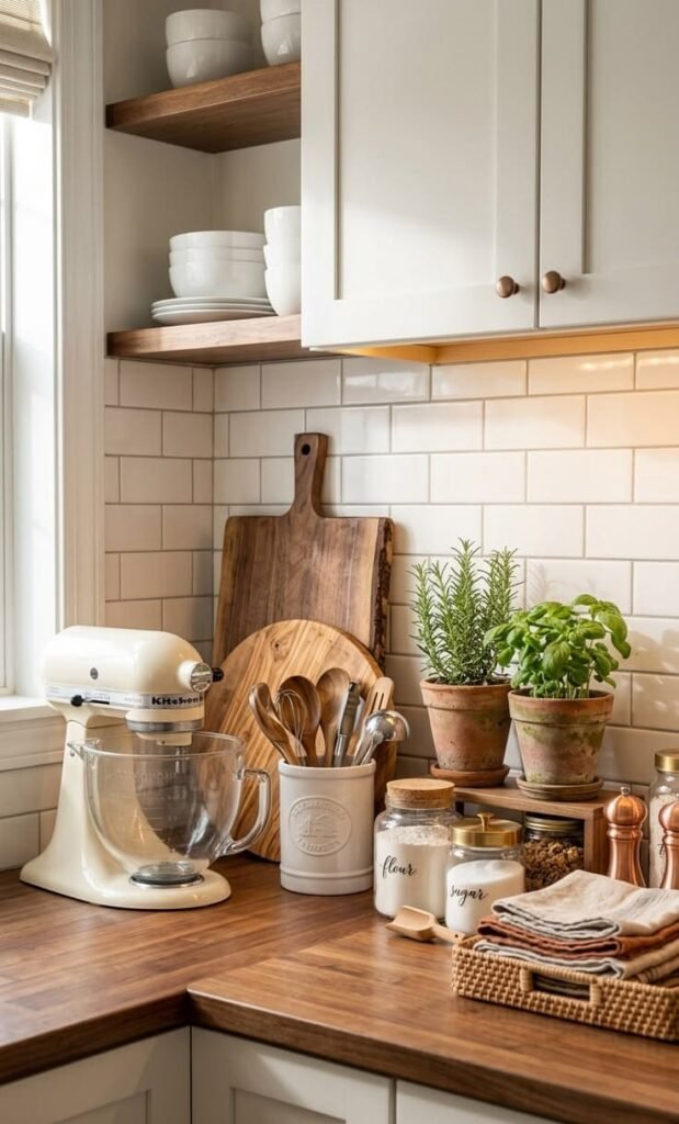 Low stack of neutral linen napkins tied with twine as soft kitchen counter decor