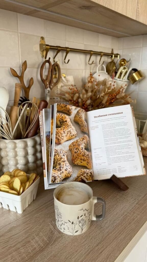 Open cookbook on a stand, part of rotating weekly decor for inspiration