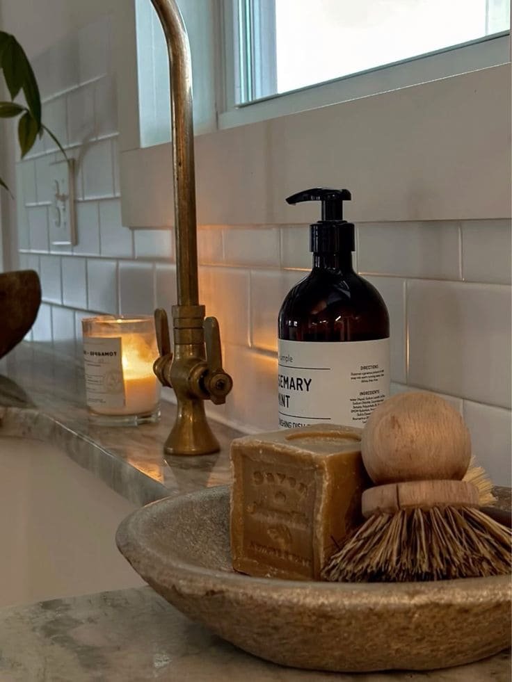 Behind-the-sink upgrade with a matching stone soap dispenser and lotion as functional kitchen counter decor