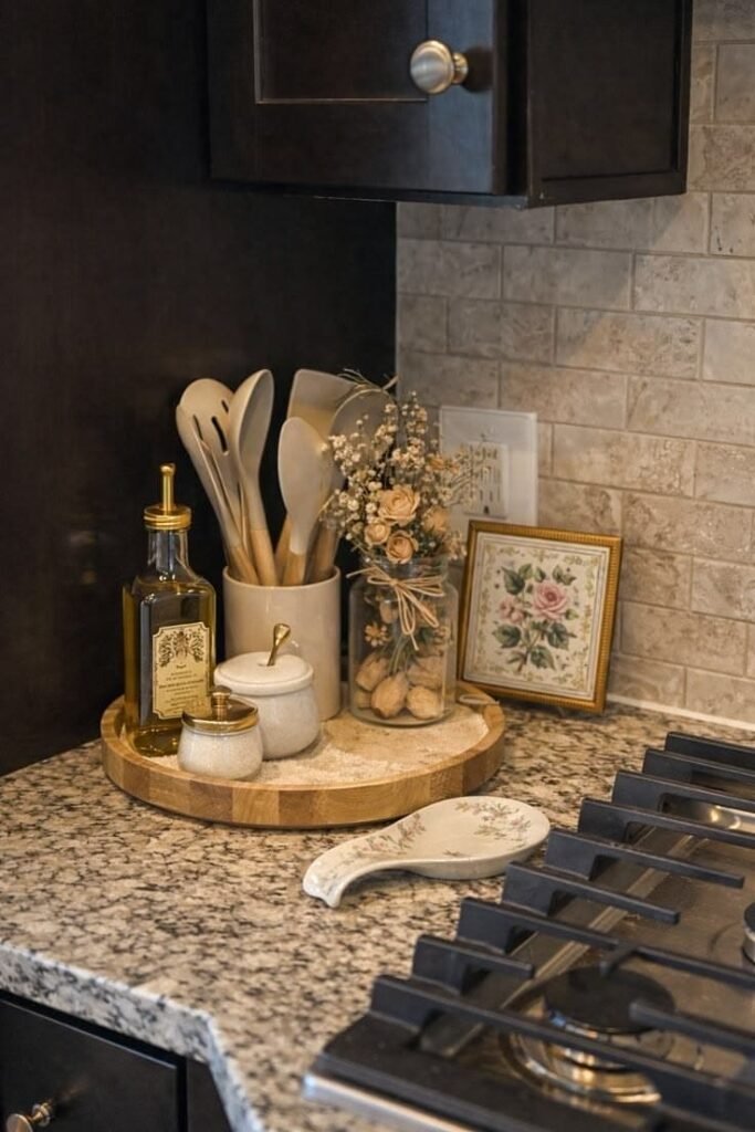 Kitchen counter decor using a wooden tray tactic to corral olive oil, vinegar, and spice jars neatly