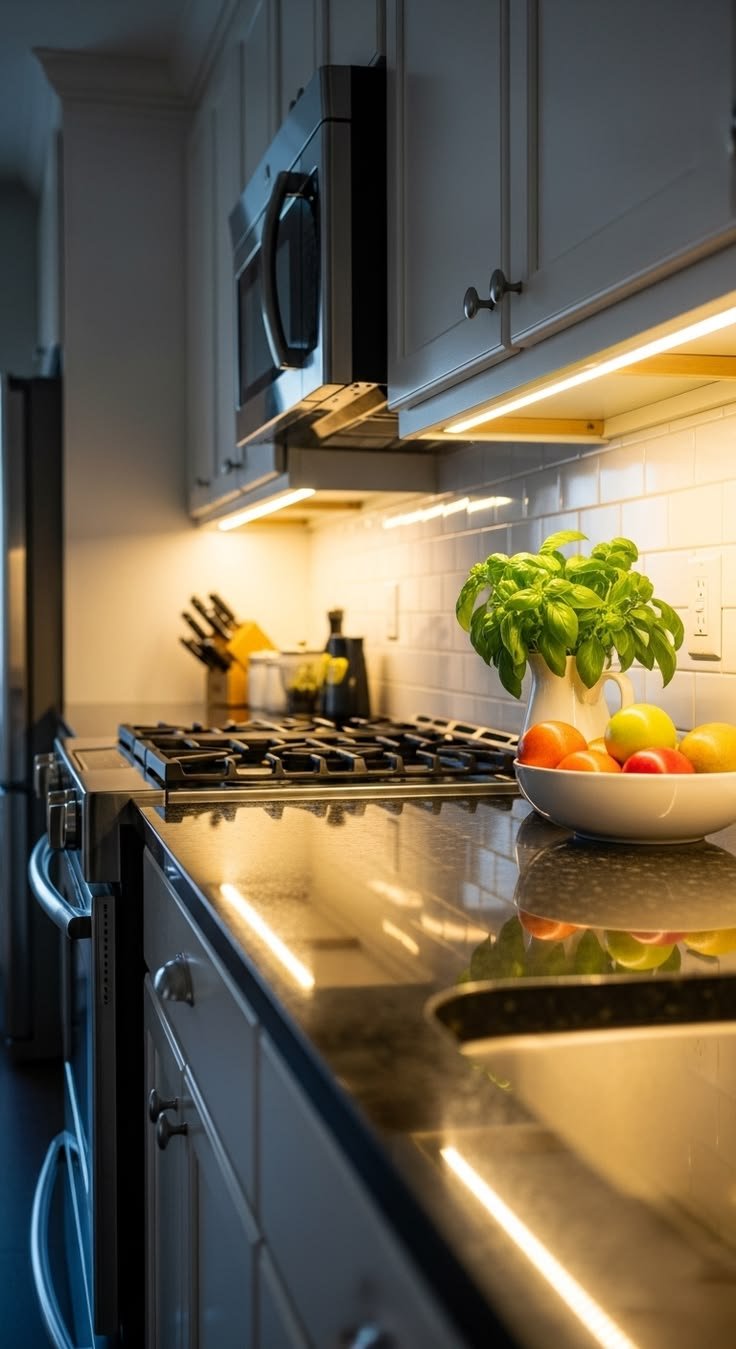 Warm under-cabinet lighting highlighting layered kitchen counter decor after dusk