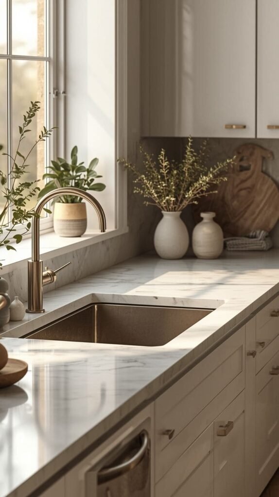 Countertop left 30% empty with just two objects, proving negative space as essential kitchen counter decor
