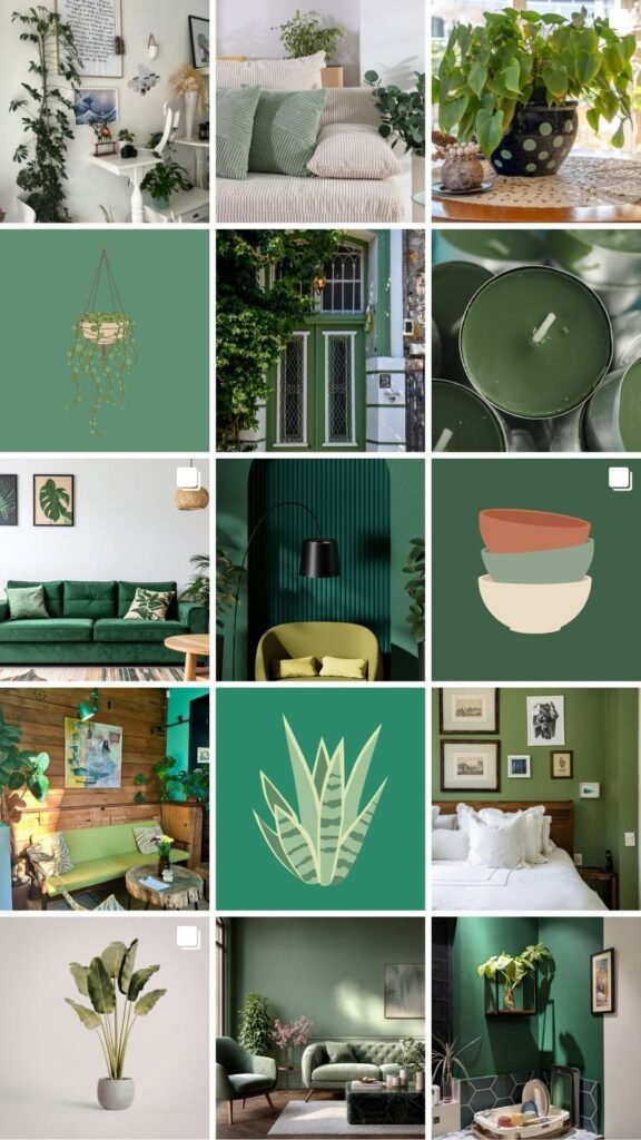 A collage of home decor green theme ideas