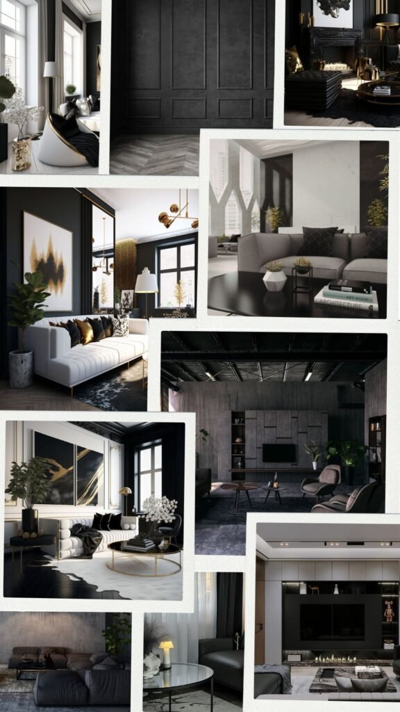 A collage of home decor inspiration, black-themed.
