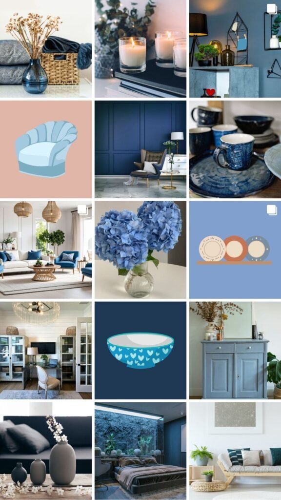 A collage of blue-themed home decorations