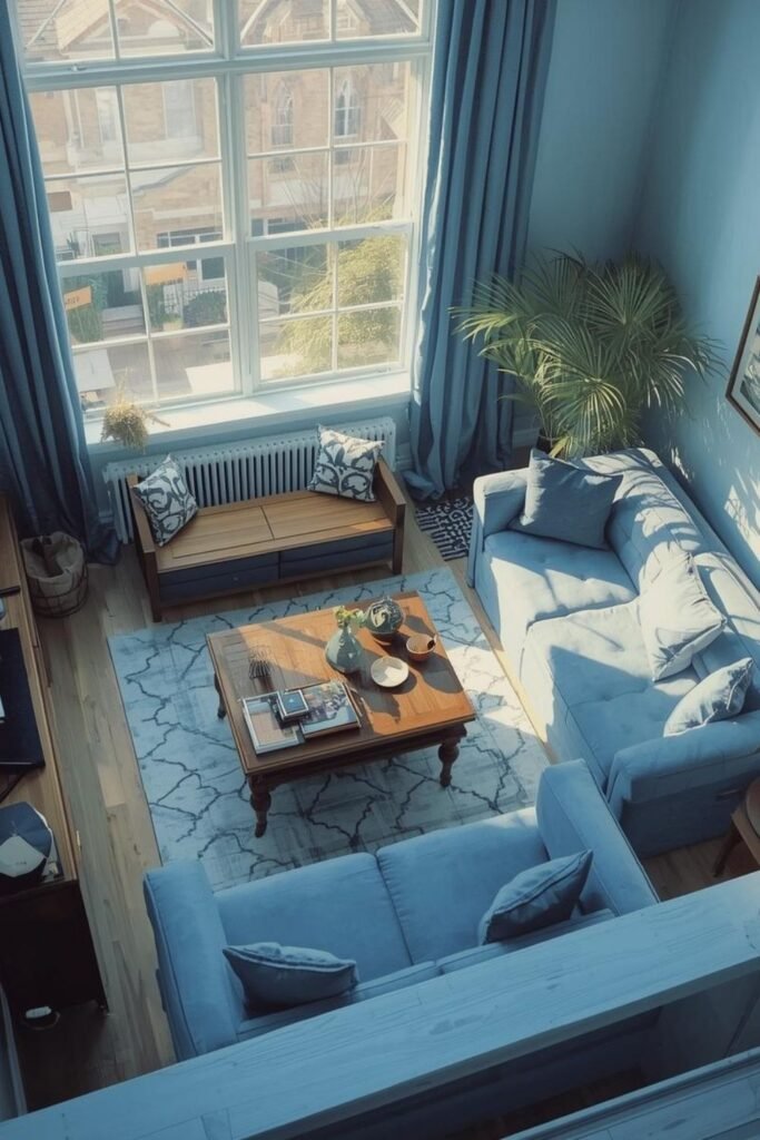 A blue-themed living room
