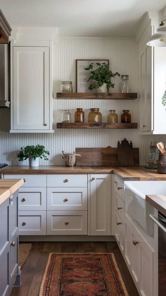 Beadboard backsplash painted semi-gloss white, a cottage-style kitchen backsplash idea