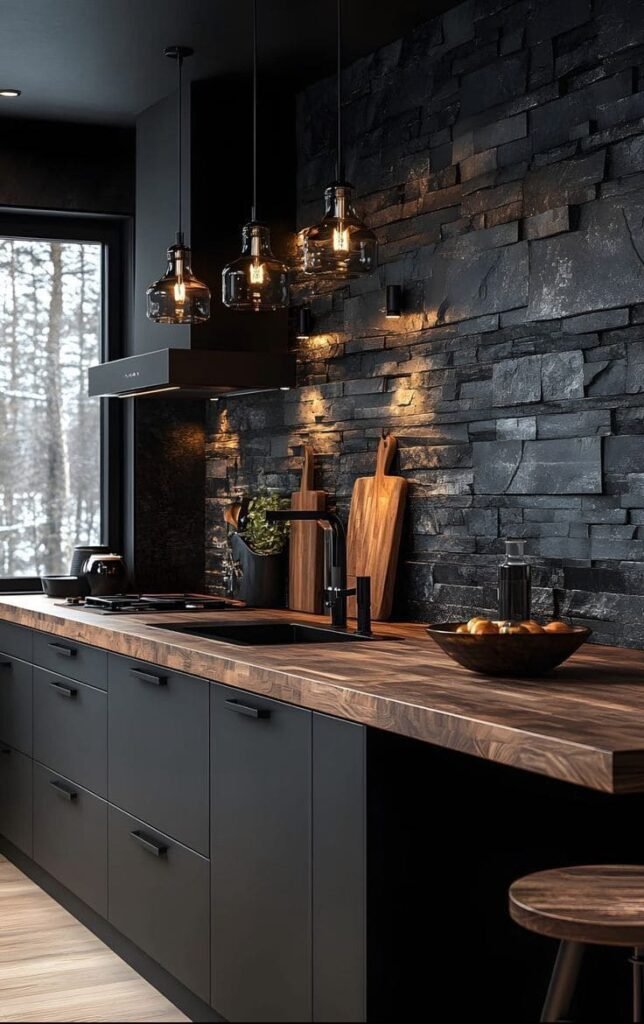Black lava stone backsplash with matte, textured surface, a dramatic kitchen backsplash idea