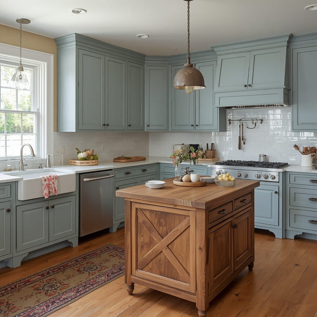 Vintage-inspired blue perimeter paired with an unseated raw wood island