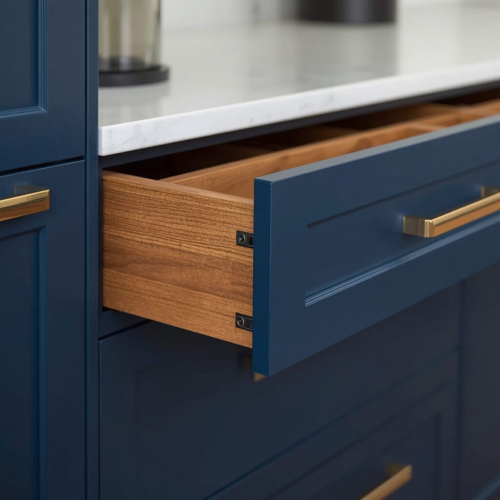 Blue cabinet exteriors revealing warm walnut interiors when doors are opened