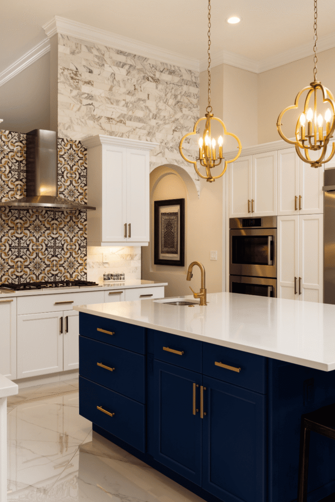 A collection of blue kitchen cabinet styles, including matte indigo shaker, high-gloss cobalt, and dusty blue apothecary looks
