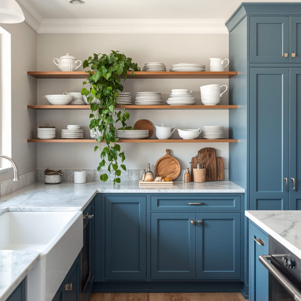 Dark blue lower cabinets contrasted with light open shelving above
