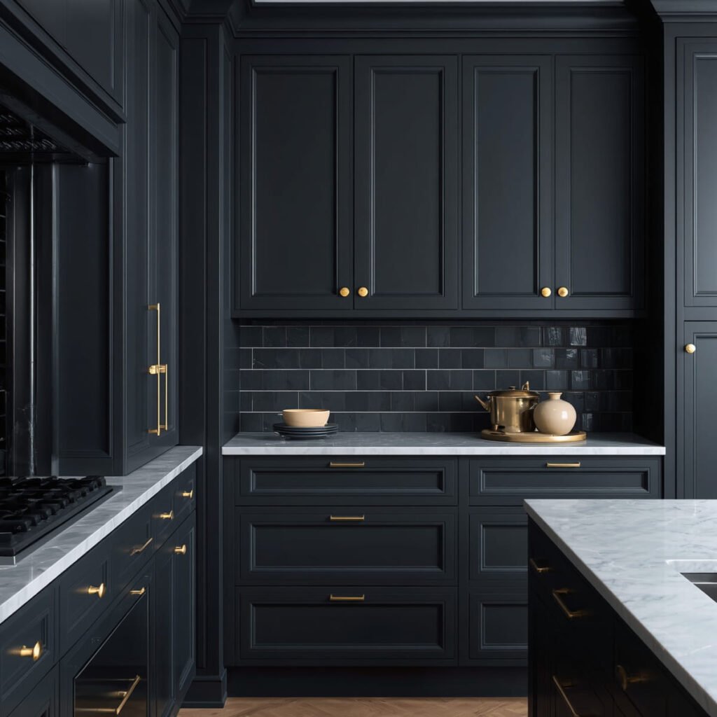 Charcoal-blue lower cabinets paired with warm brass pulls and knobs