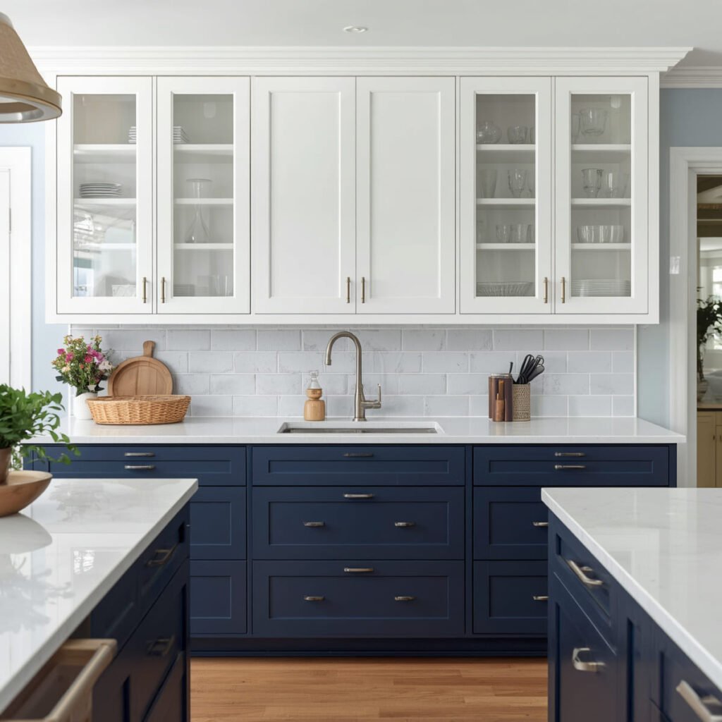 Classic navy blue upper and lower cabinets with a crisp white island for contrast
