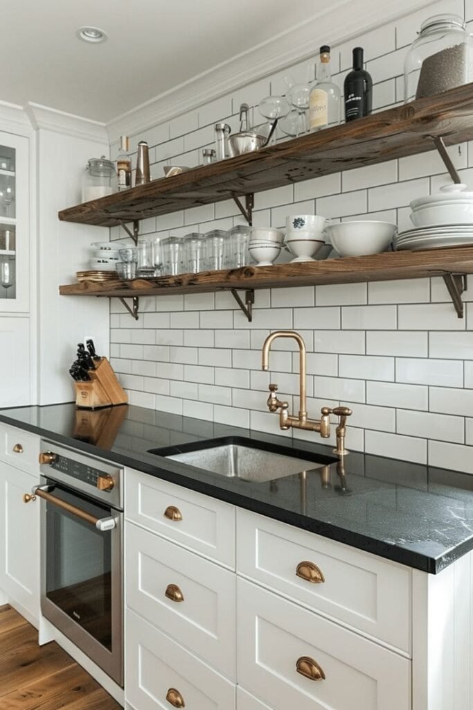 Classic white subway tile backsplash with charcoal contrast grout for a bold, clean kitchen backsplash idea