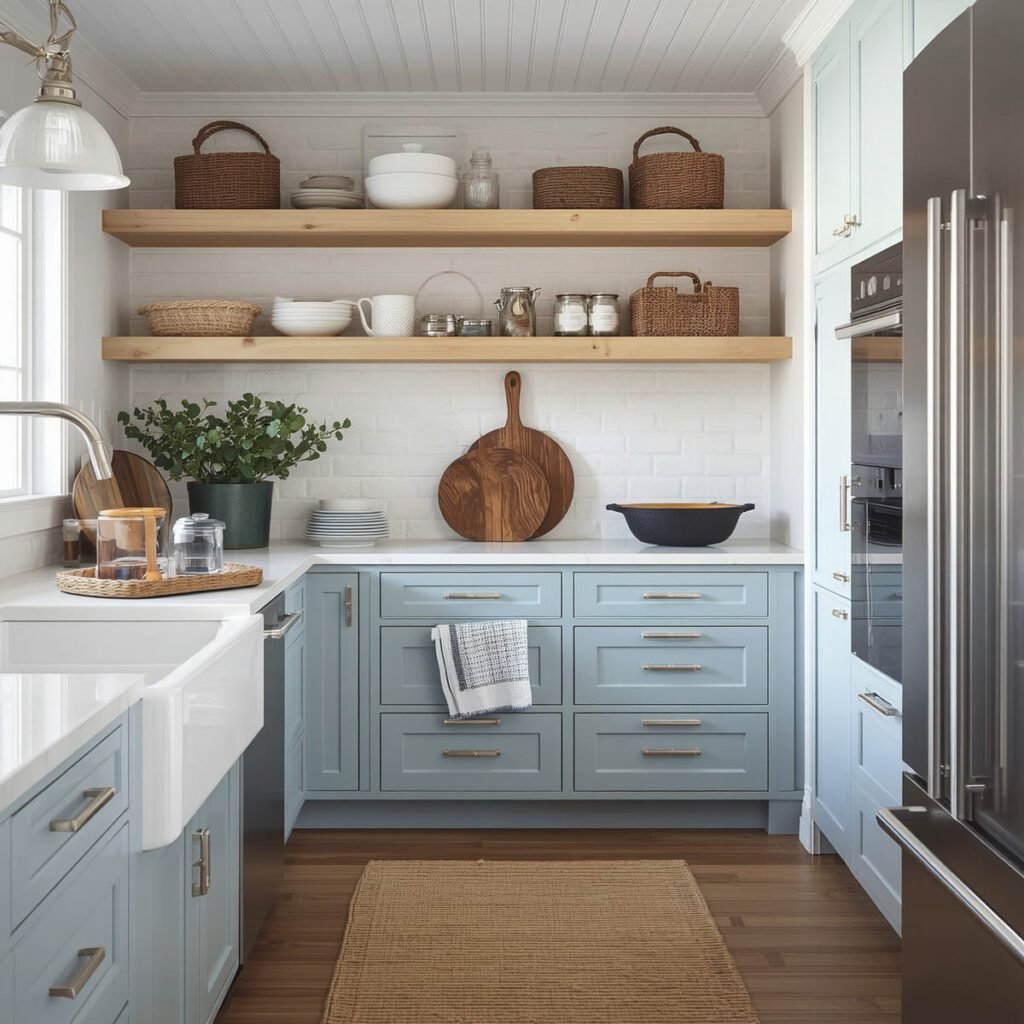 Pale blue lower cabinets paired with white oak floating shelves and open ventilation