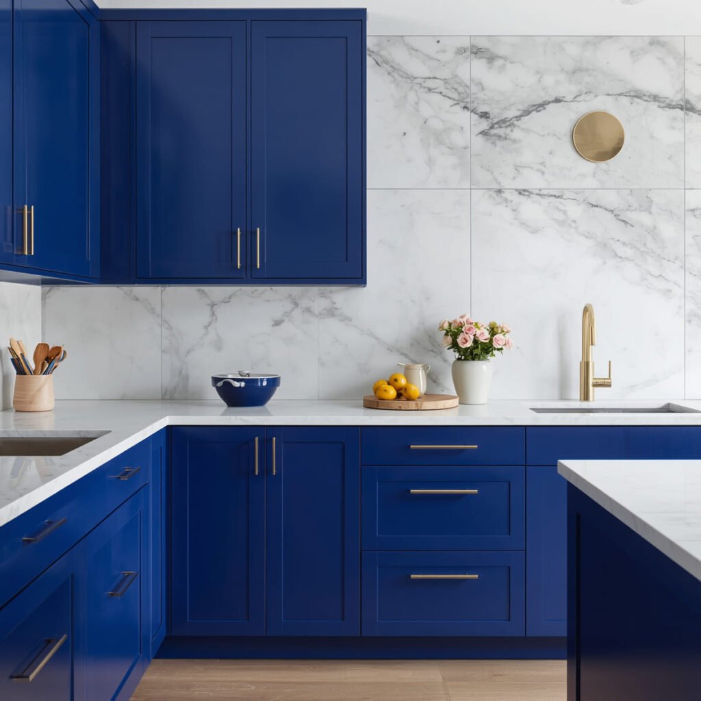 Cobalt blue base cabinets topped with a white marble slab and a matching marble backsplash, a premium blue kitchen cabinet look