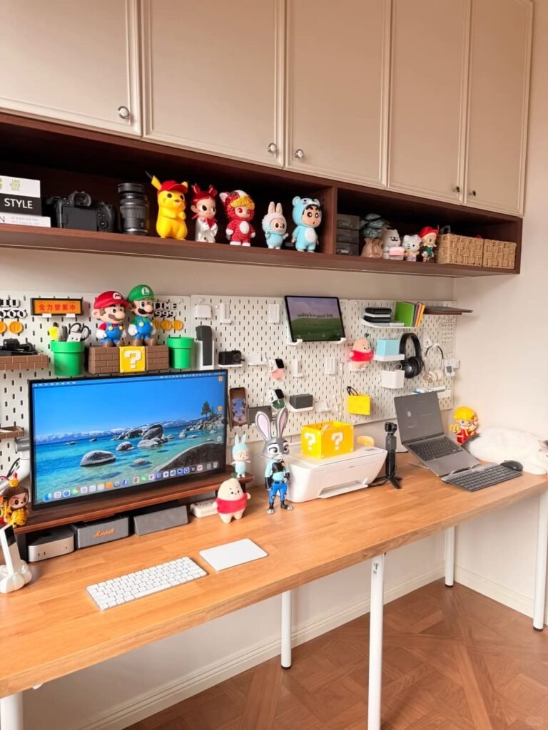 Wooden pegboard above a home office desk holding neatly arranged office supplies and decor.