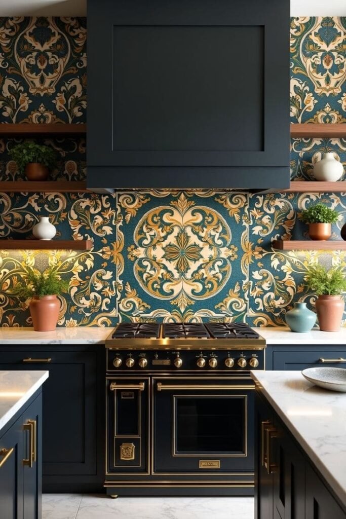 Dark floral toile-patterned tile brings vintage charm as an eclectic kitchen backsplash idea