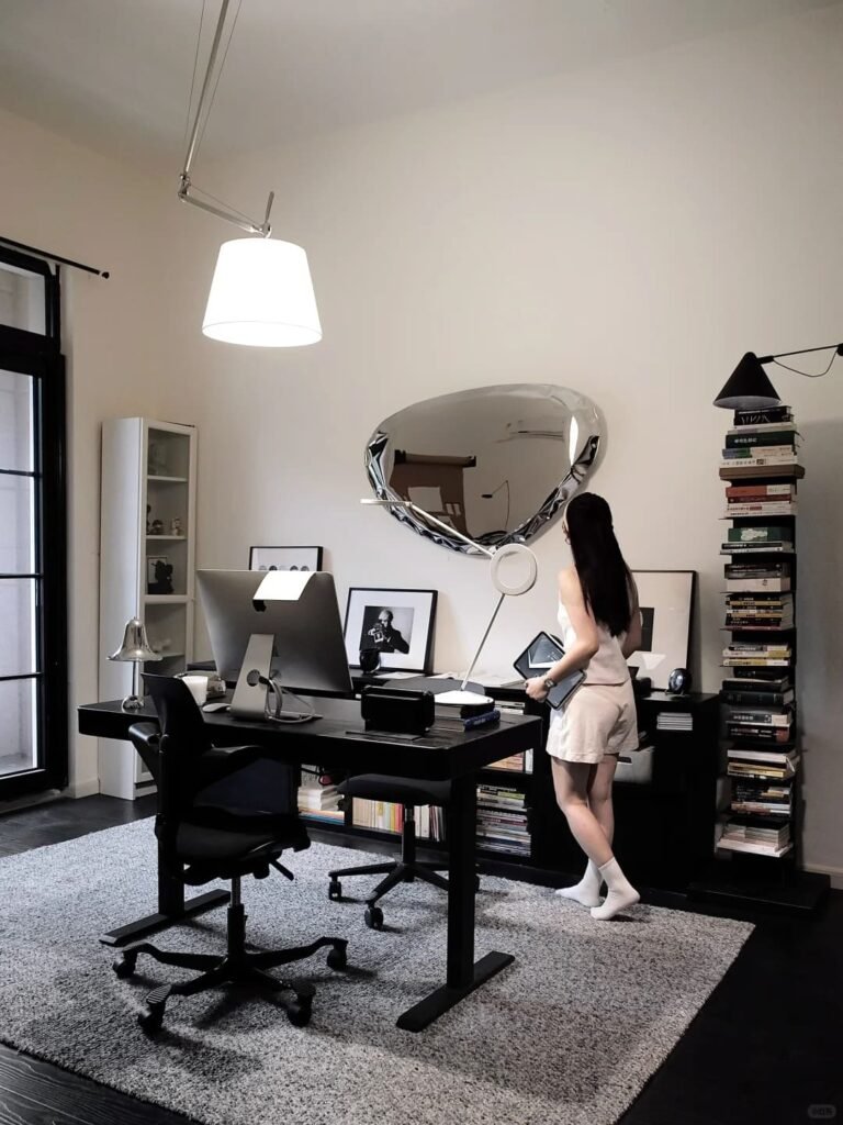 Minimal home office featuring a premium leather desk mat with keyboard, mouse, and notebook.