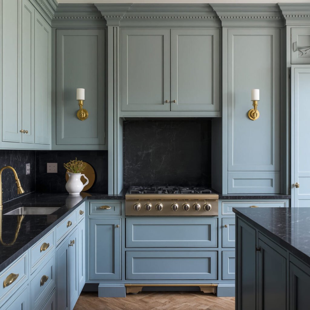 Dusty blue apothecary-style cabinets with dark soapstone counters and brass labels