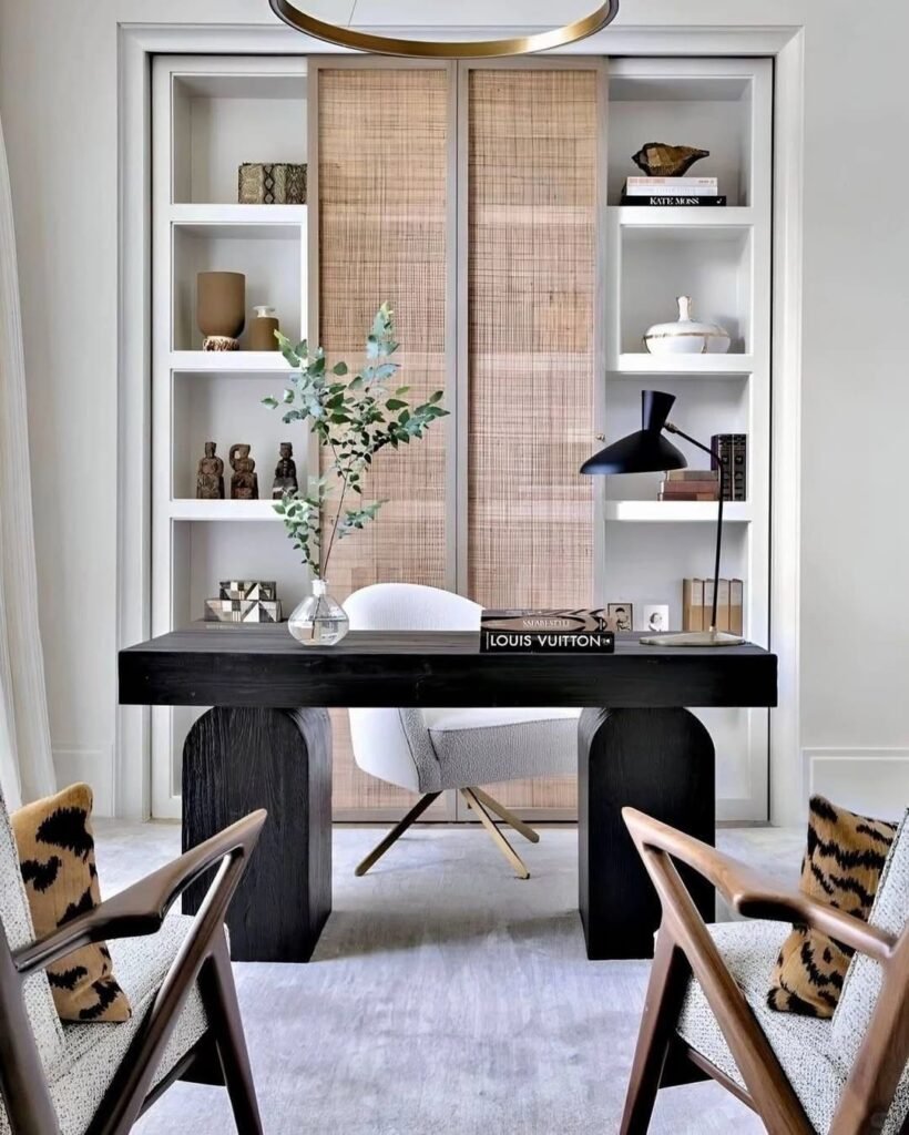 Home office desk positioned against the wall while facing the room entrance for better focus and comfort.
