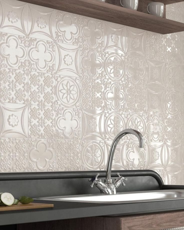 Faux tin-look PVC panels in antique silver, a budget-friendly kitchen backsplash idea