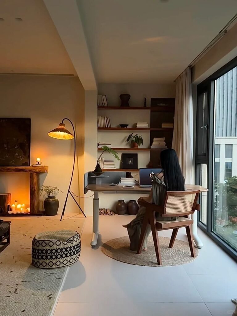 Small home office with floating wooden shelves displaying books, plants, and decorative objects.