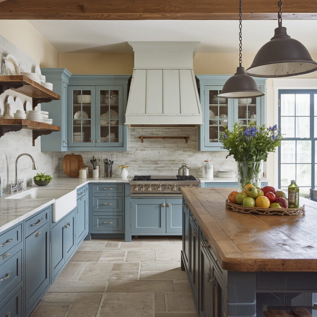 Faded denim blue cabinets with ornate molding and a farmhouse apron sink
