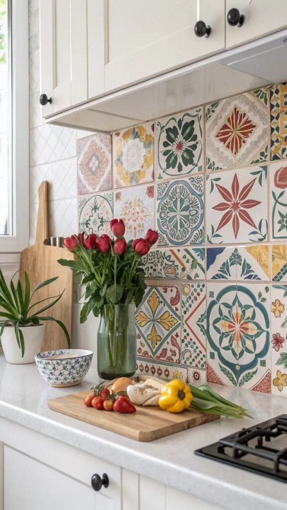 Geometric encaustic cement tile in black and cream, a patterned kitchen backsplash idea for bohemian kitchens
