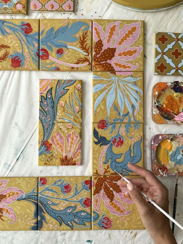 Hand-painted custom tiles with blue floral motifs