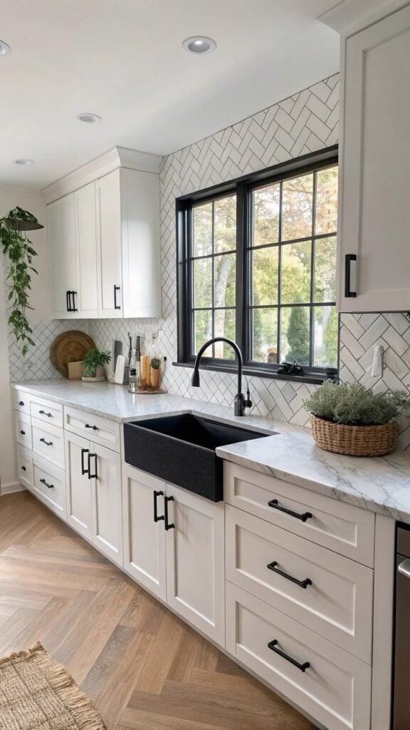 Herringbone pattern brick tile backsplash adding texture and movement to farmhouse kitchen backsplash ideas
