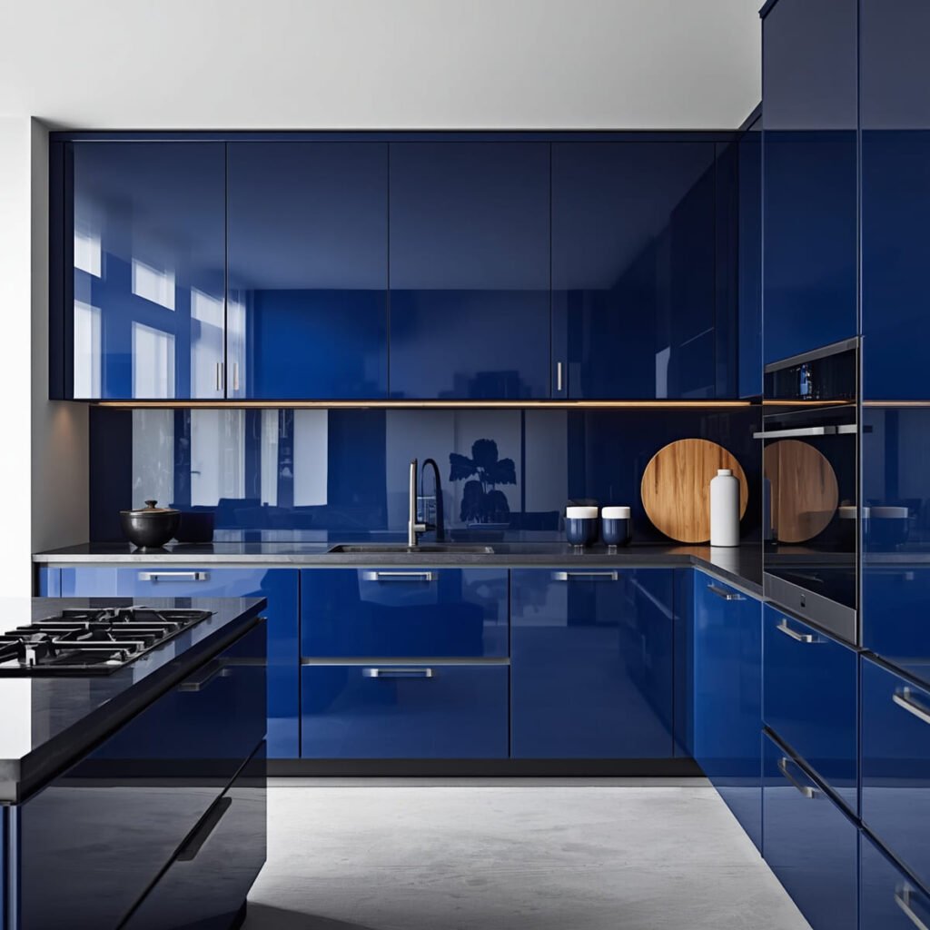 High-gloss cobalt lacquered cabinets reflecting light, bold blue kitchen cabinets for modern homes