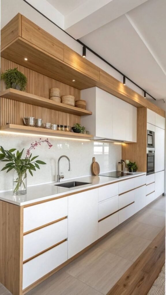High-gloss lacquered panels in navy blue as a seamless, modern kitchen backsplash idea
