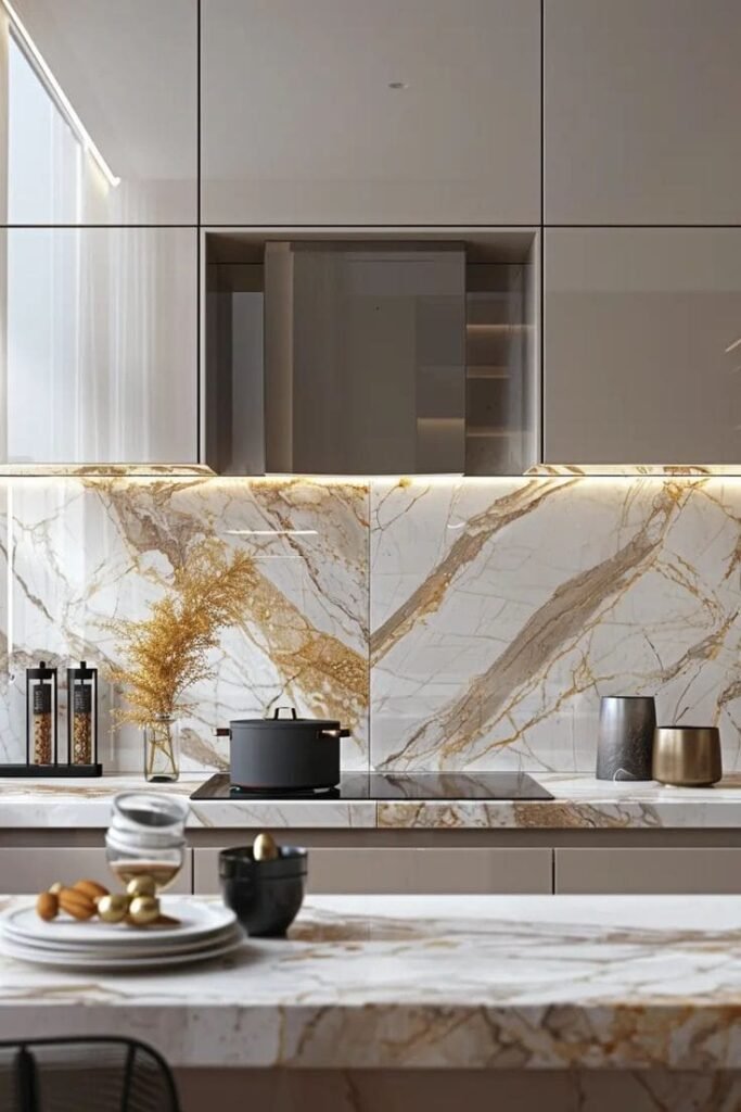 Large-format porcelain tile bookmatched to create a continuous veining, a seamless kitchen backsplash idea