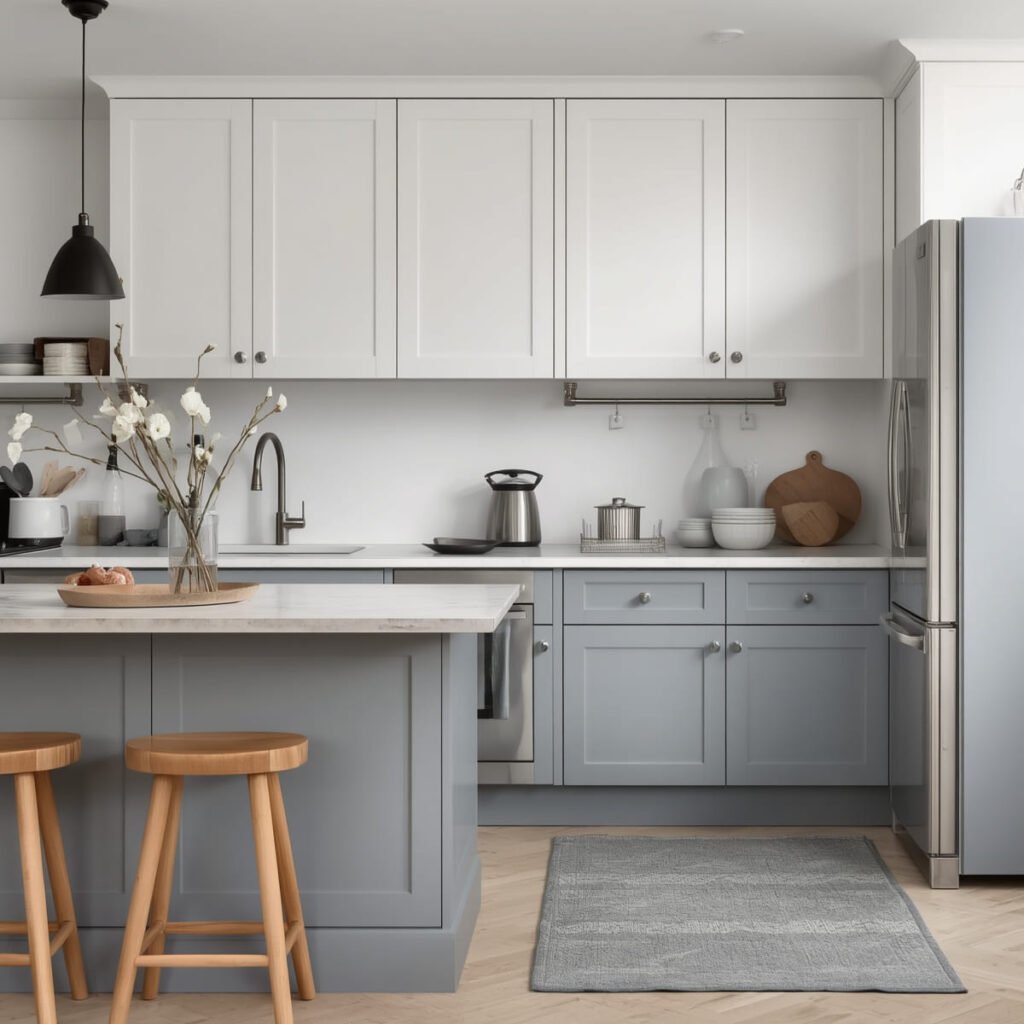 Misty blue-gray cabinets in a minimalist Scandinavian kitchen with light oak flooring