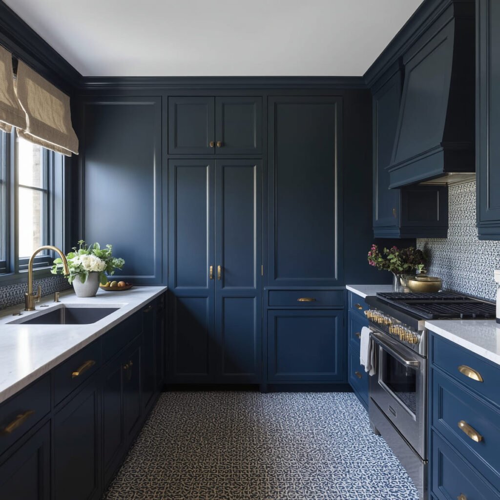 Color-drenched kitchen with walls, trim, and a ceiling
