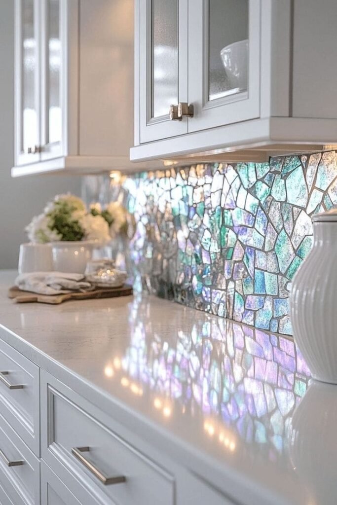 DIY mosaic backsplash made from broken white and blue dishes
