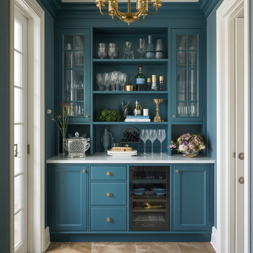 Peacock blue cabinets in a small butler's pantry with brass pulls and a mirrored backsplash