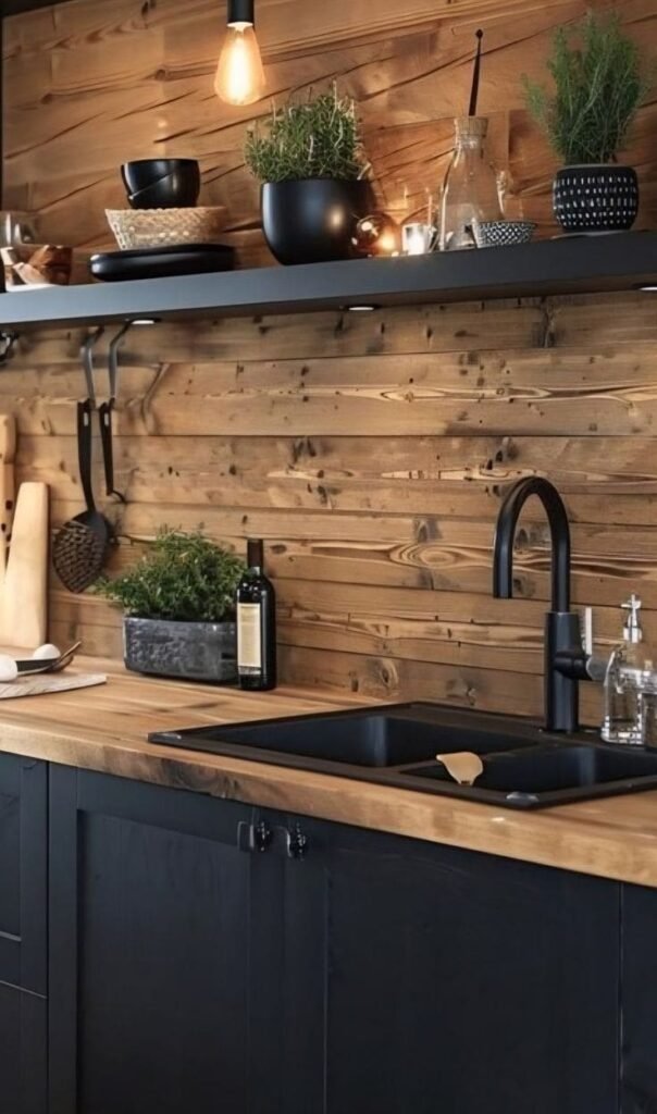 Reclaimed shiplap wood planking as a rustic farmhouse kitchen backsplash idea