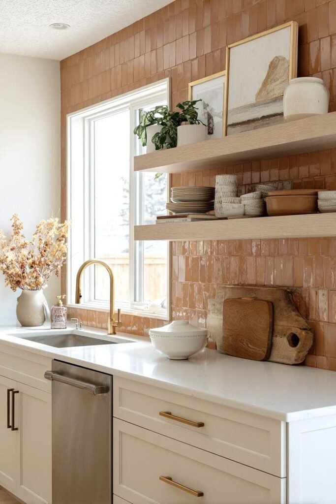 Sage green zellige tile backsplash with hand-chipped edges, a soft, earthy kitchen backsplash idea