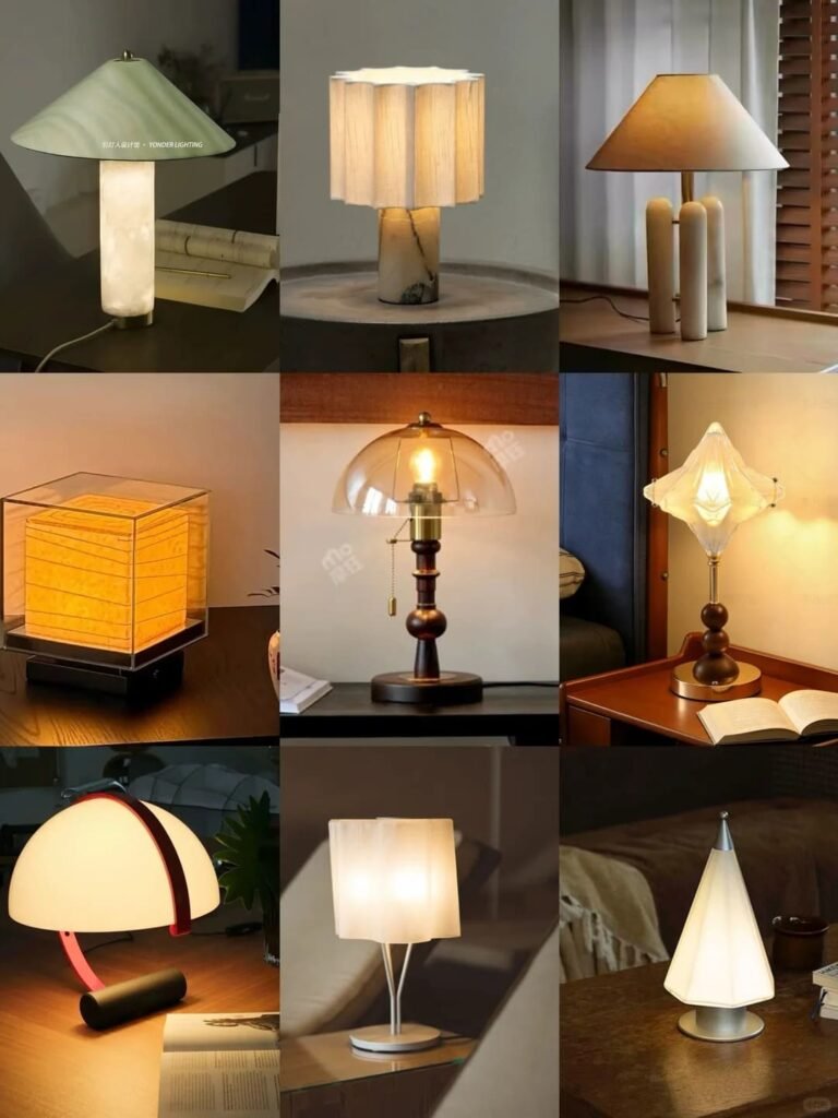 Modern sculptural desk lamp providing focused lighting in a stylish home office.
