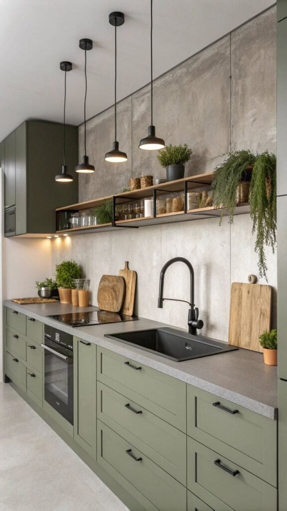 Single pigmented concrete slab backsplash in warm gray, an industrial minimalist kitchen backsplash idea