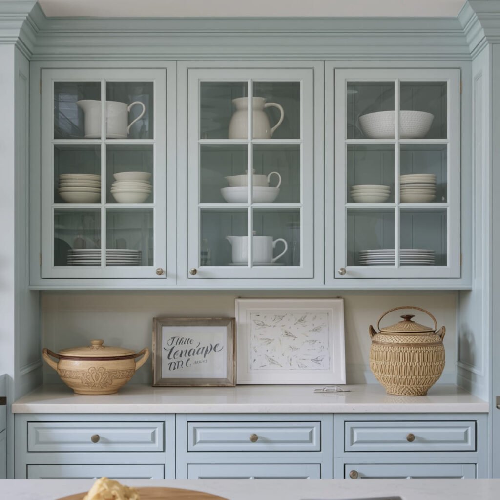 Sky blue upper cabinets with glass fronts displaying white dishes and glasses