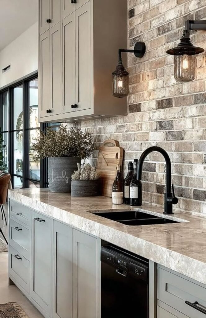 Stacked ledger stone backsplash in gray and taupe, an organic kitchen backsplash idea for modern rustic spaces
